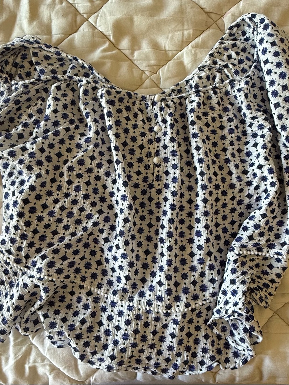 Poupette St. Barth White and Navy Floral Button-Front Blouse